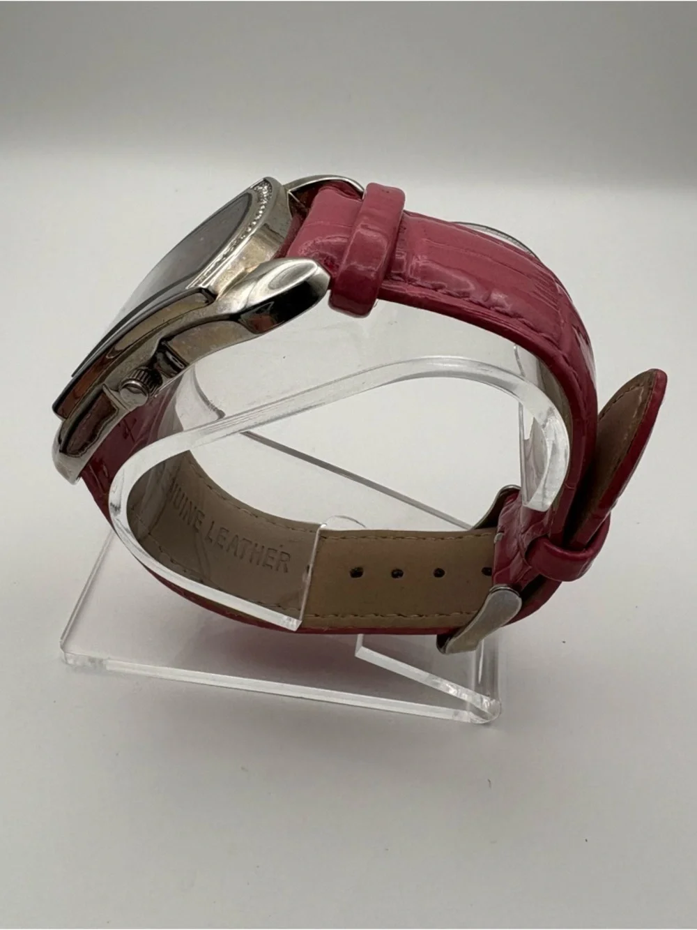 Burgi Pink Crystal Accent Rectangle Watch Crocodile Band‎ BTV011 Works!